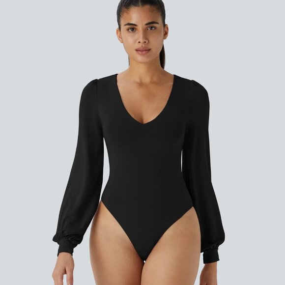 Halara V Neck Long Sleeve Button Work Bodysuit β Black π€ Size XL Nwot - Picture 3 of 5